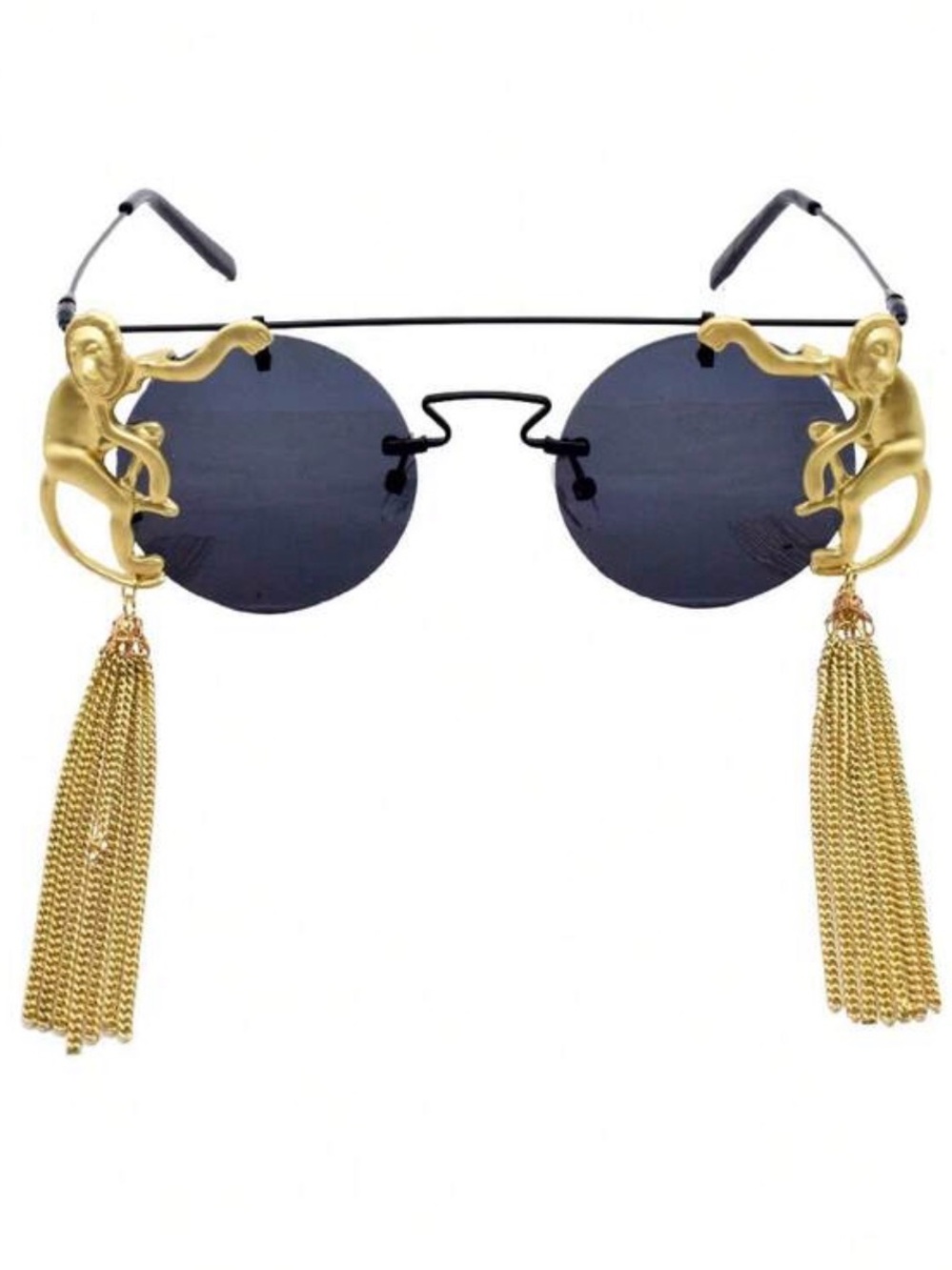 Gold Monkey Tassel Round Sunglasses - Black Lenses